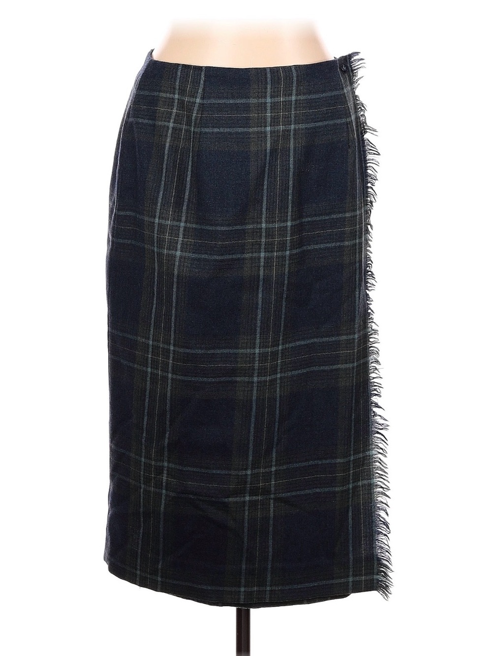 Talbots Navy Plaid Fringe Midi Skirt